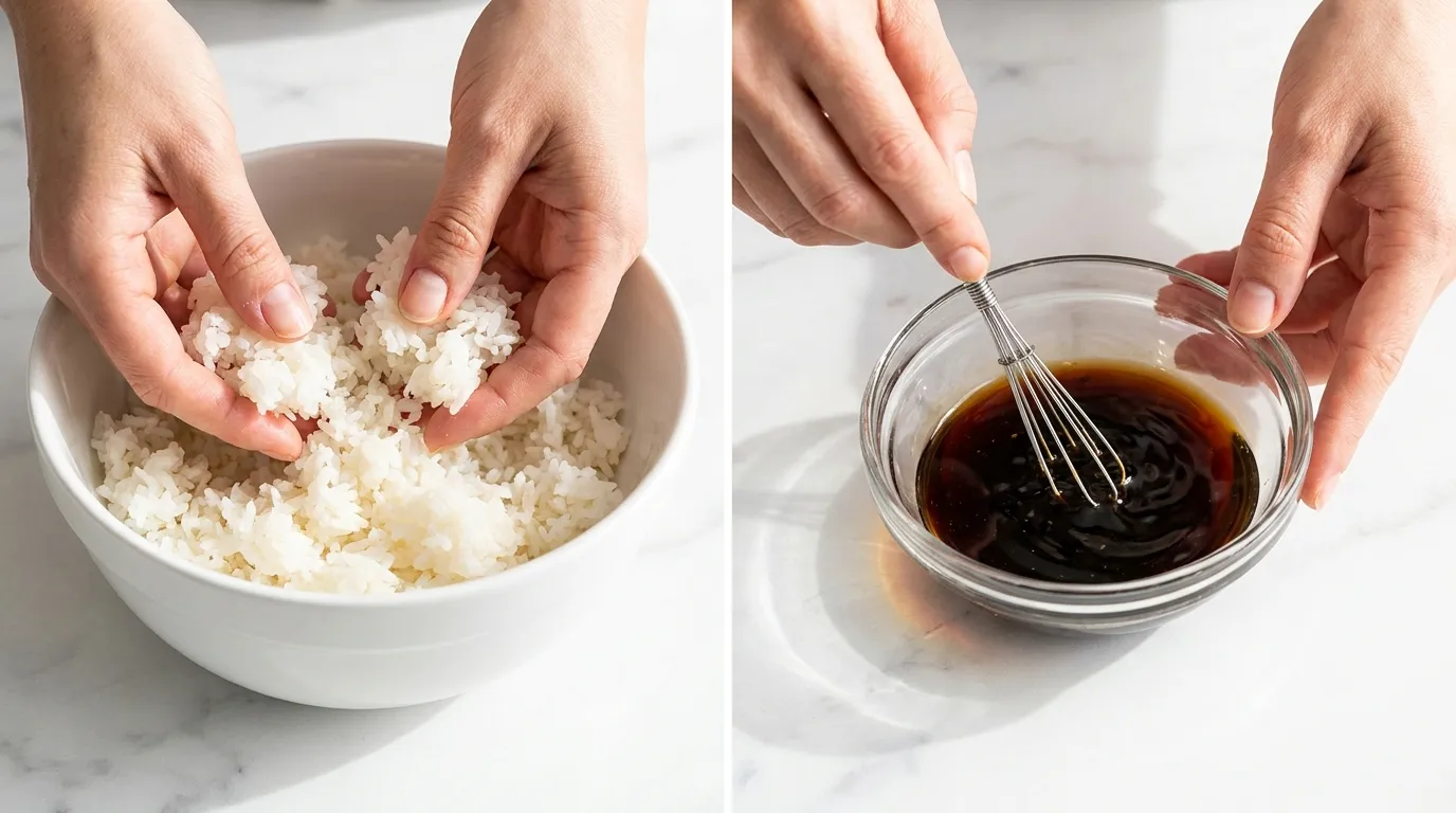 Shrimp Fried Rice Recipe prep: breaking up cold jasmine rice in a bowl and whisking soy sauce mixture on a marble counter.