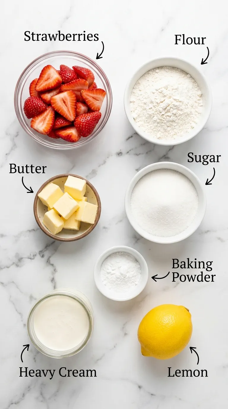 Flat-lay of Strawberry Shortcake Recipe ingredients neatly arranged in bowls on a white marble counter with text labels.