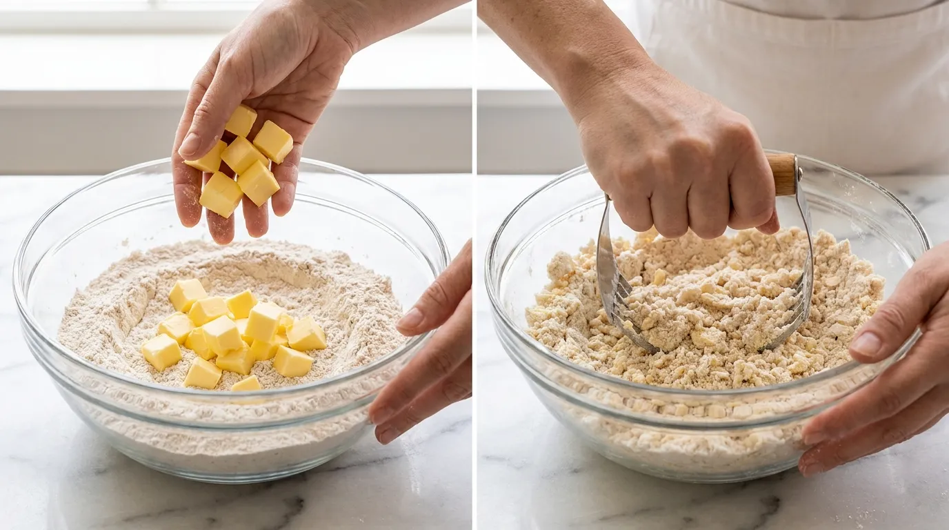 Step-by-step strawberry shortcake recipe showing hands dropping cold butter into flour and blending to coarse crumbs.
