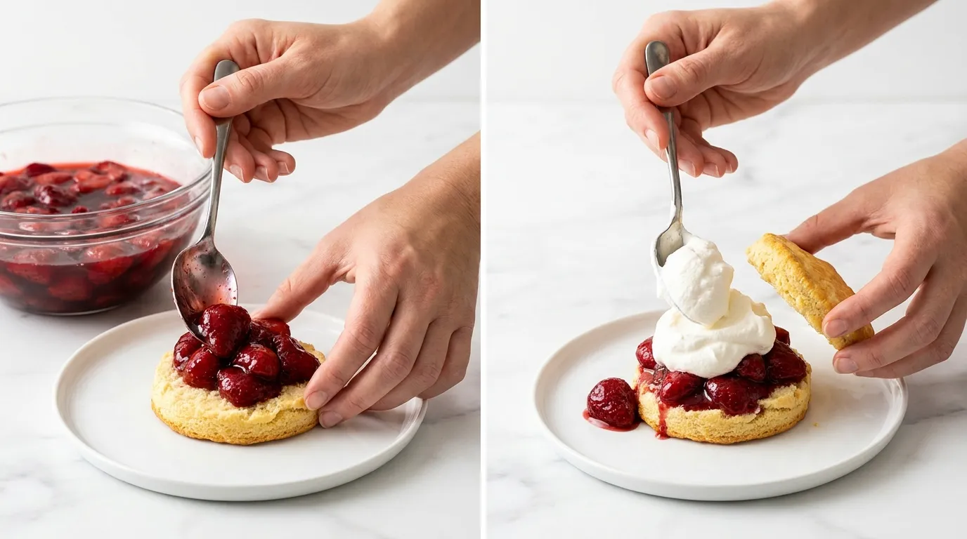 Hands assembling a Strawberry Shortcake Recipe, adding glossy berries and whipped cream to a split biscuit on a white plate.