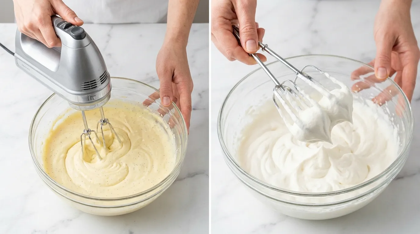 Hands whipping heavy cream into soft peaks with a mixer in a glass bowl for a Strawberry Shortcake Recipe.