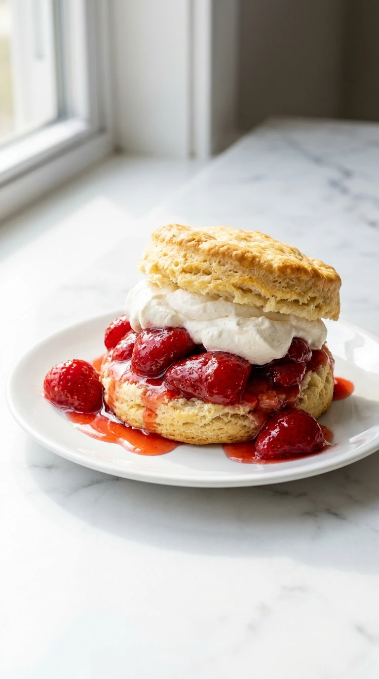 Flaky biscuit with fresh berries and whipped cream on a marble counter for a delicious Strawberry Shortcake Recipe.