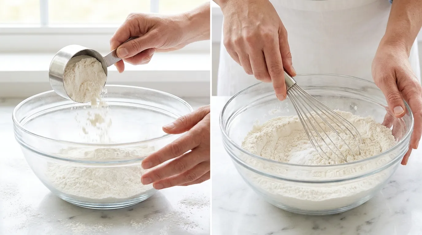 Strawberry Shortcake Recipe: Hands pouring and whisking dry ingredients in a glass mixing bowl.
