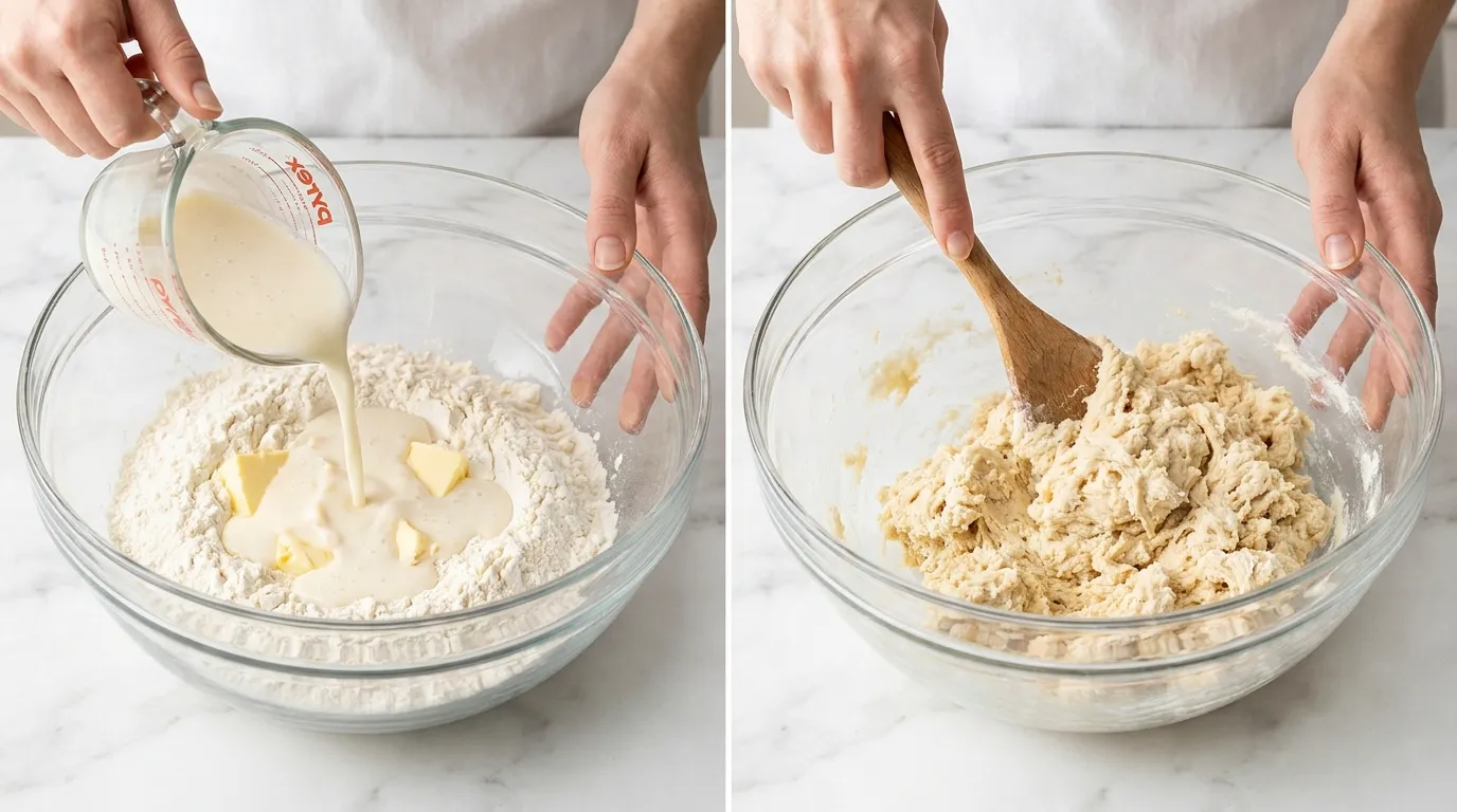 Strawberry Shortcake Recipe dough mixing steps: pouring buttermilk into flour mixture and gently folding with a spoon.