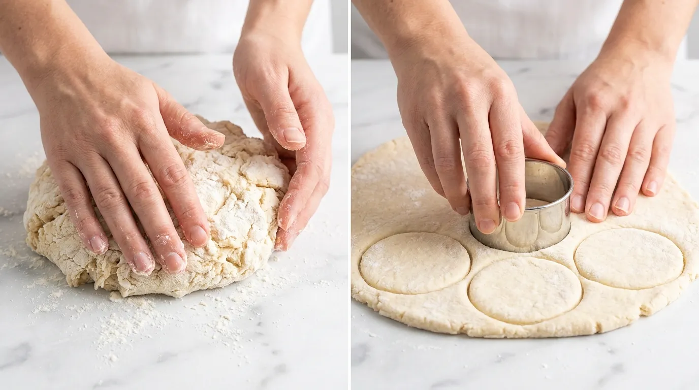 Hands patting dough and cutting biscuits on a marble counter for a Strawberry Shortcake Recipe.