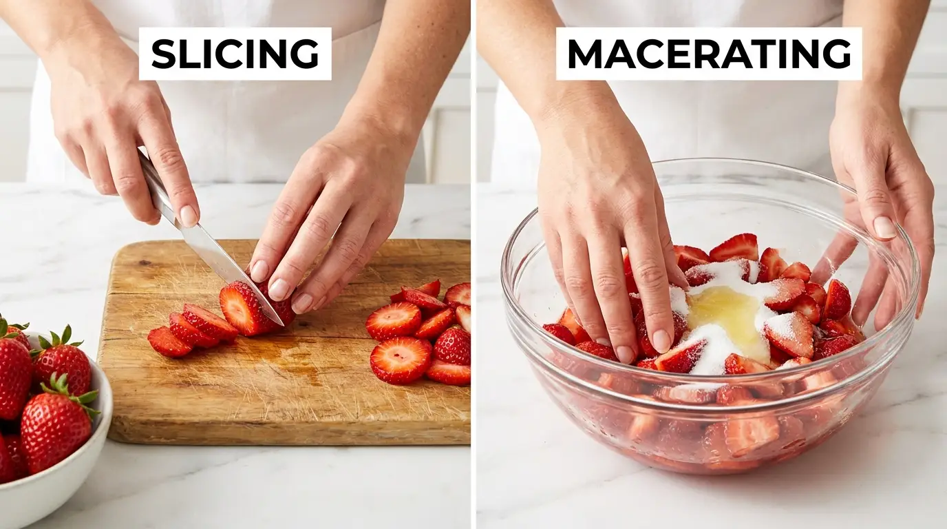 Slicing and tossing strawberries with sugar and lemon juice for a Strawberry Shortcake Recipe.