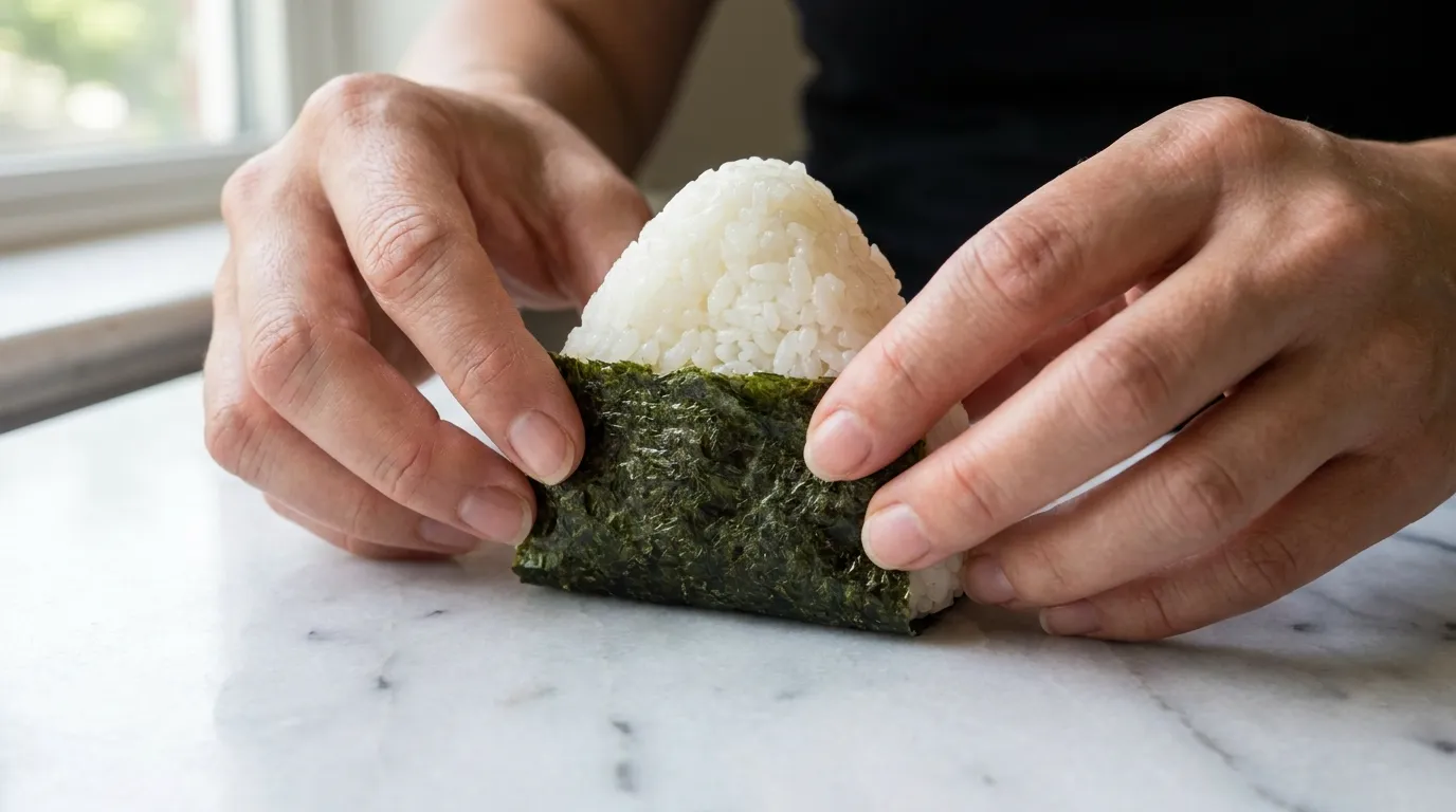 Female hands wrapping seaweed around a rice ball on a marble counter for a Tuna Onigiri Recipe.