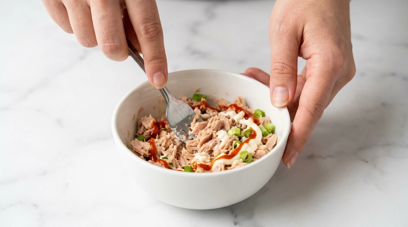 Female hands mixing spicy tuna, mayonnaise, and green onions with a fork in a white bowl for a Tuna Onigiri Recipe.