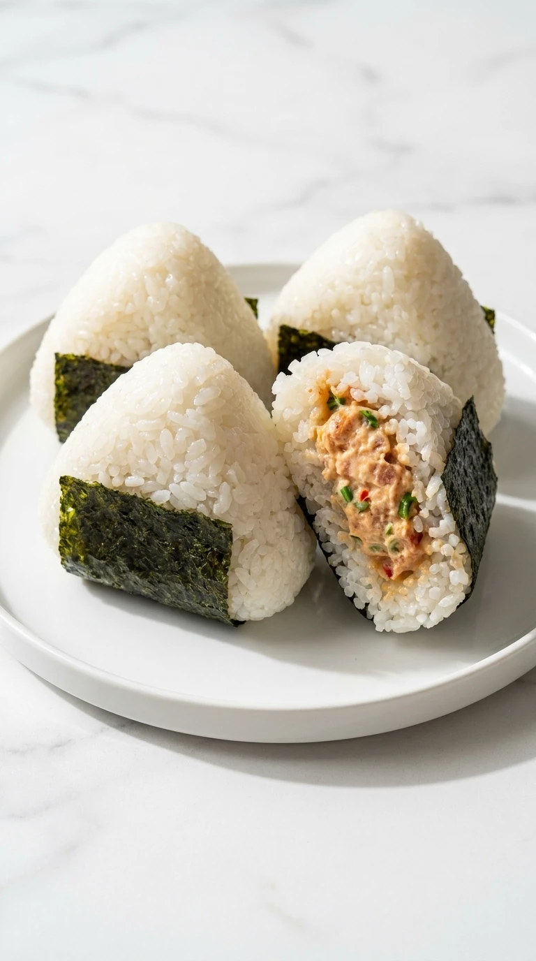 Close-up of three Japanese rice balls with seaweed and spicy tuna on a white plate. Perfect Tuna Onigiri Recipe.