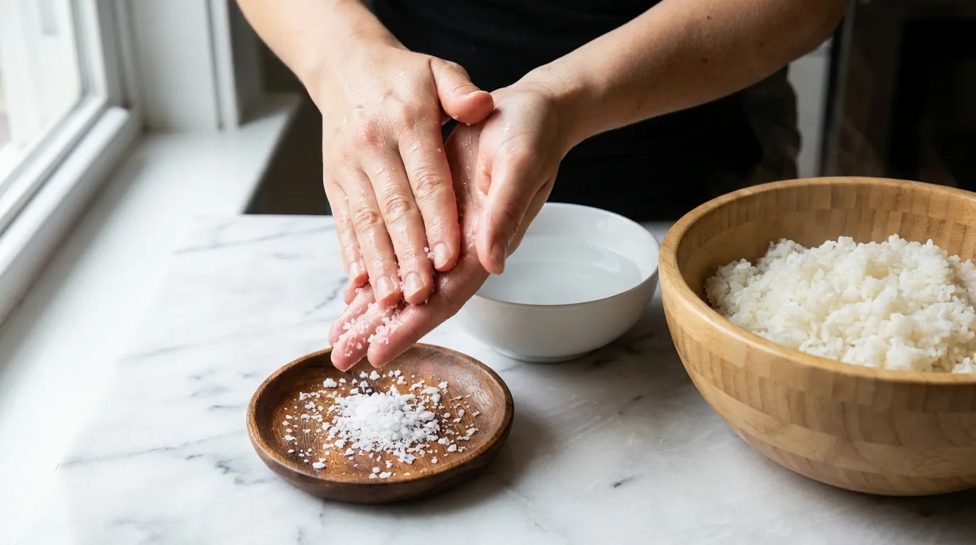 Female hands rubbing salt before shaping steaming white rice for a Tuna Onigiri Recipe on a marble counter.