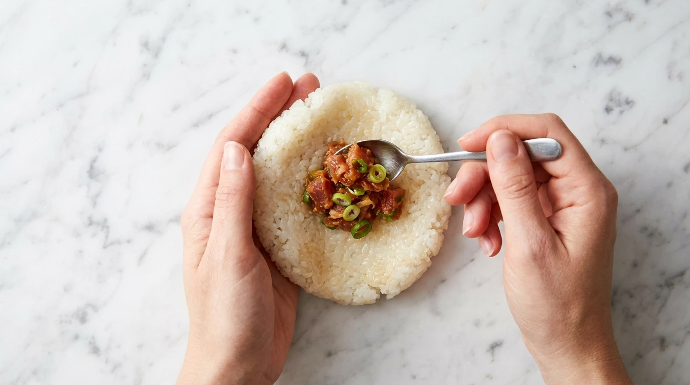 Making a Tuna Onigiri Recipe: close-up of hands spooning spicy tuna and green onions into a sticky white rice oval.