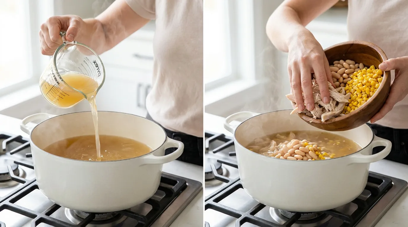 White Chili Chicken Recipe: Pouring broth into a Dutch oven and adding shredded chicken, white beans, and corn.