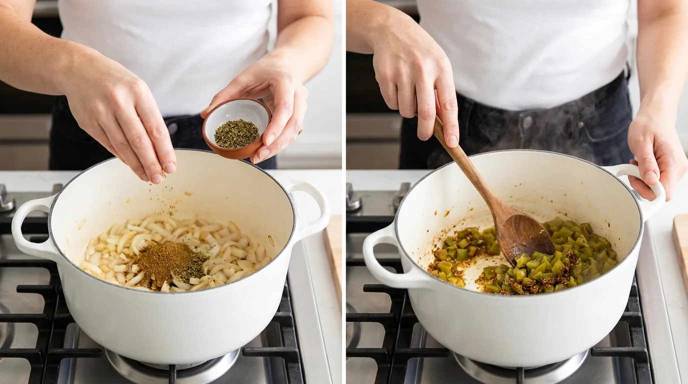 Preparing a White Chili Chicken Recipe by adding cumin and oregano to onions, then stirring in green chiles.