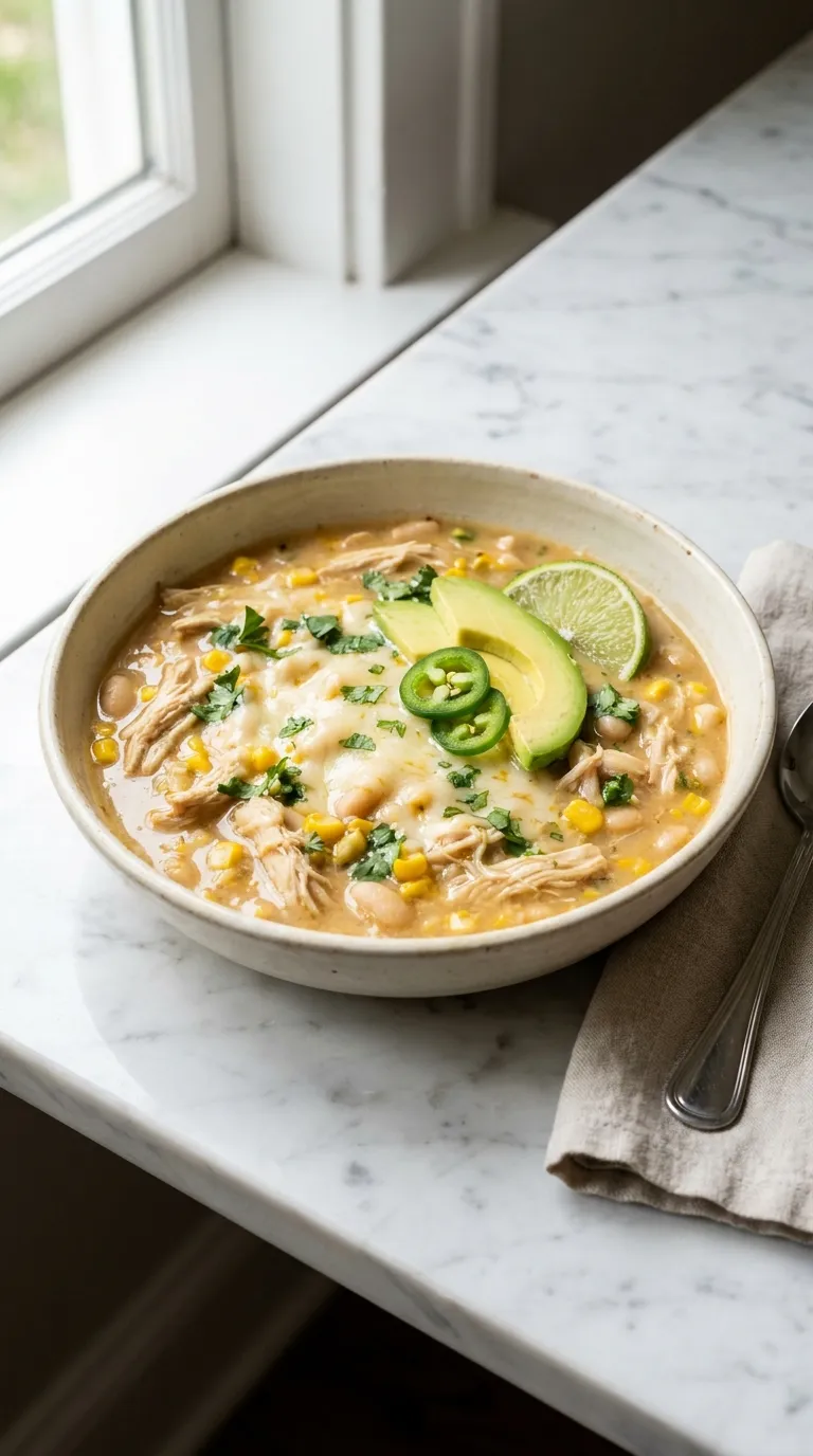 White Chili Chicken Recipe in a bowl with shredded chicken, beans, corn, avocado, and jalapenos on a marble counter.