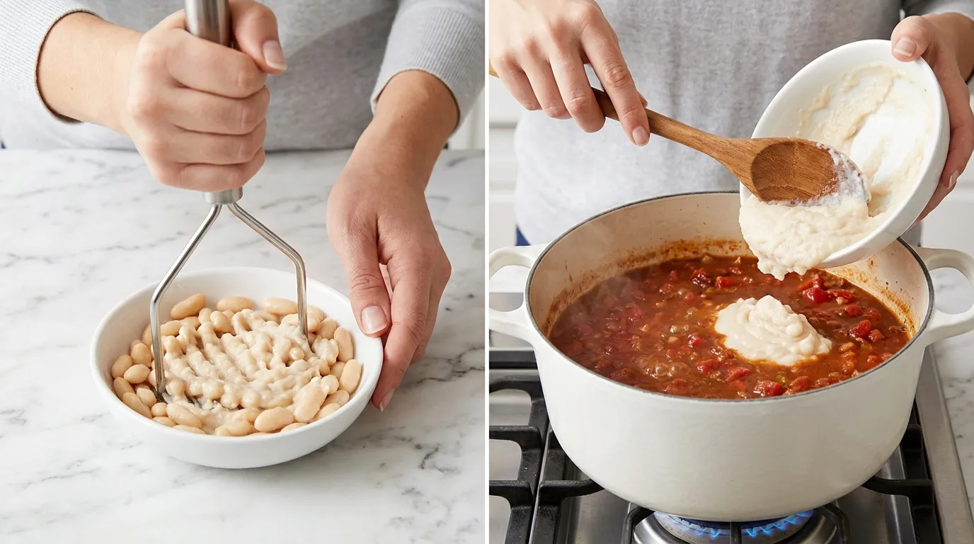 Mashing white beans and stirring them into a Dutch oven for a creamy White Chili Chicken Recipe.