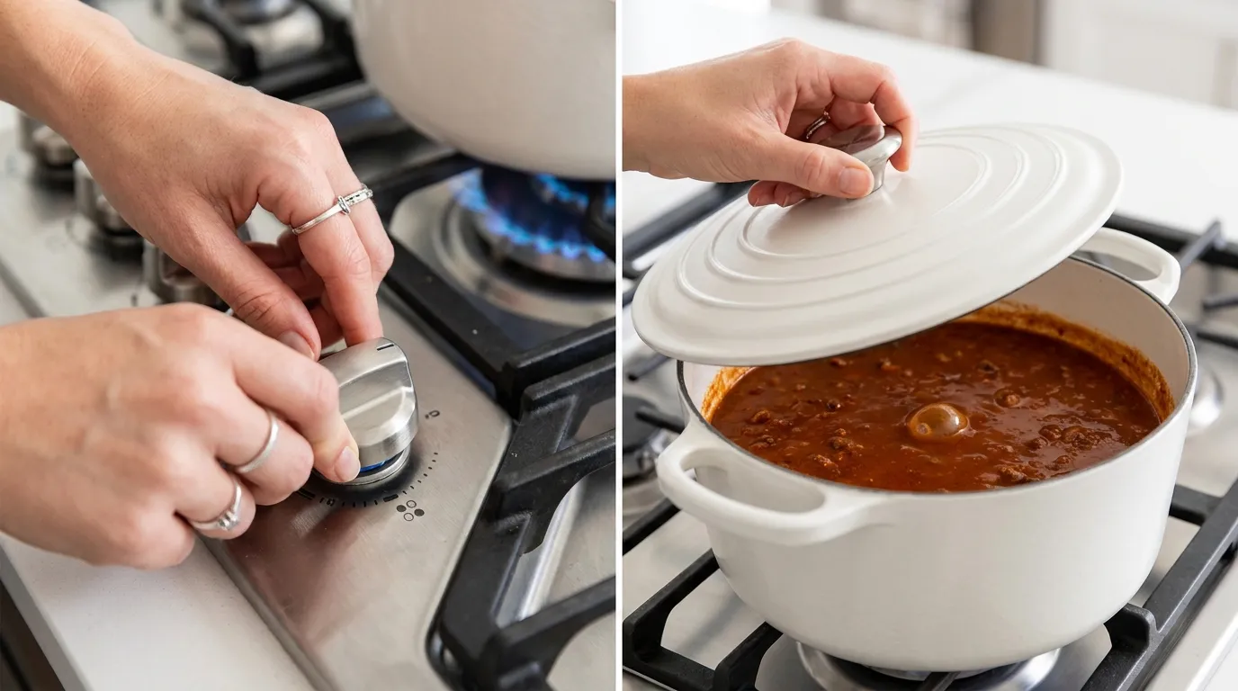 Hands lower stove heat and partially cover a white Dutch oven to simmer a delicious White Chili Chicken Recipe.