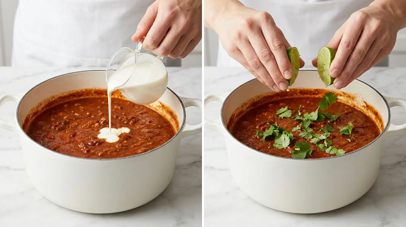 Making a White Chili Chicken Recipe: hands pouring cream, squeezing lime, and adding cilantro to a Dutch oven.