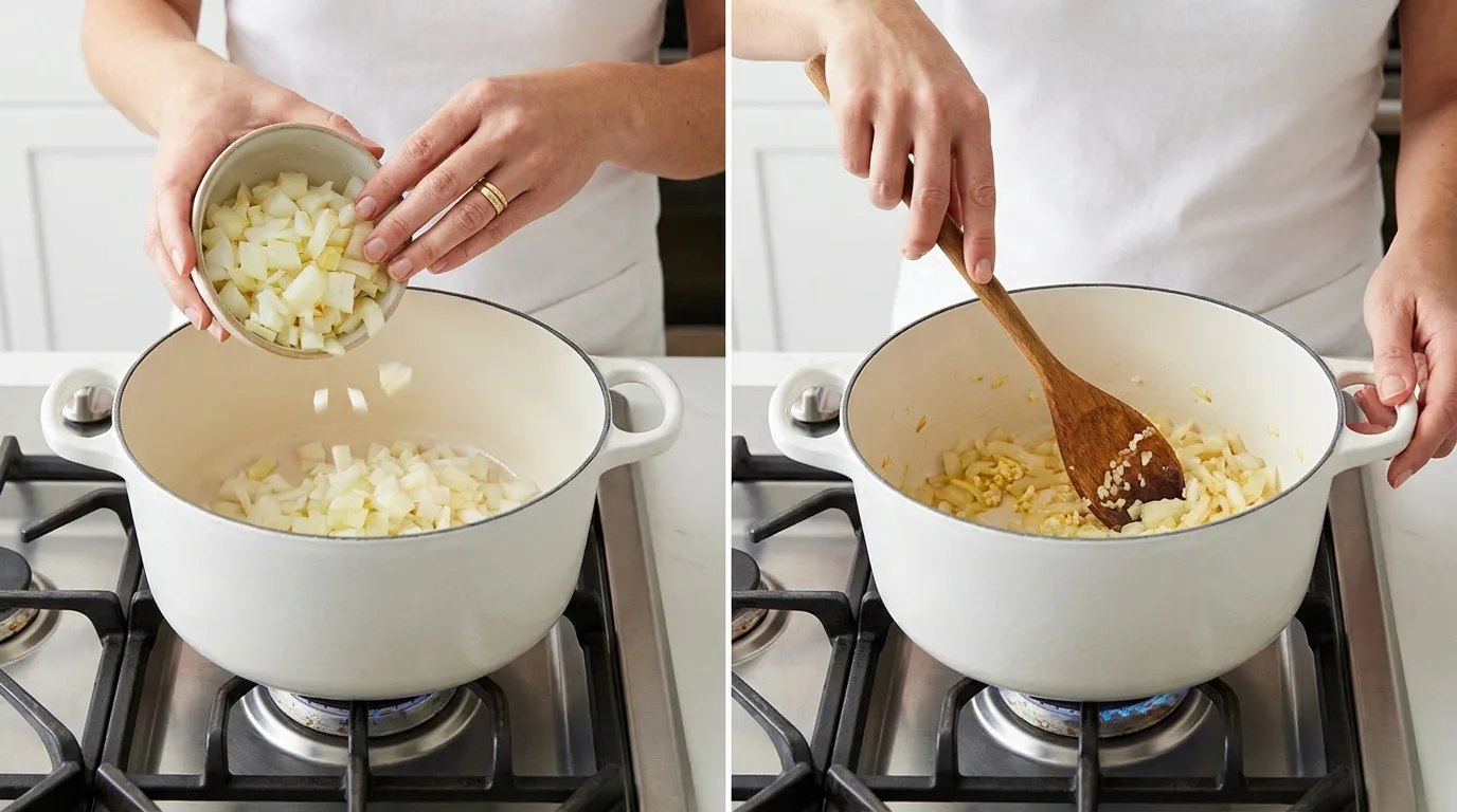 Preparing a White Chili Chicken Recipe: hands dropping and stirring onions and garlic in a white Dutch oven.