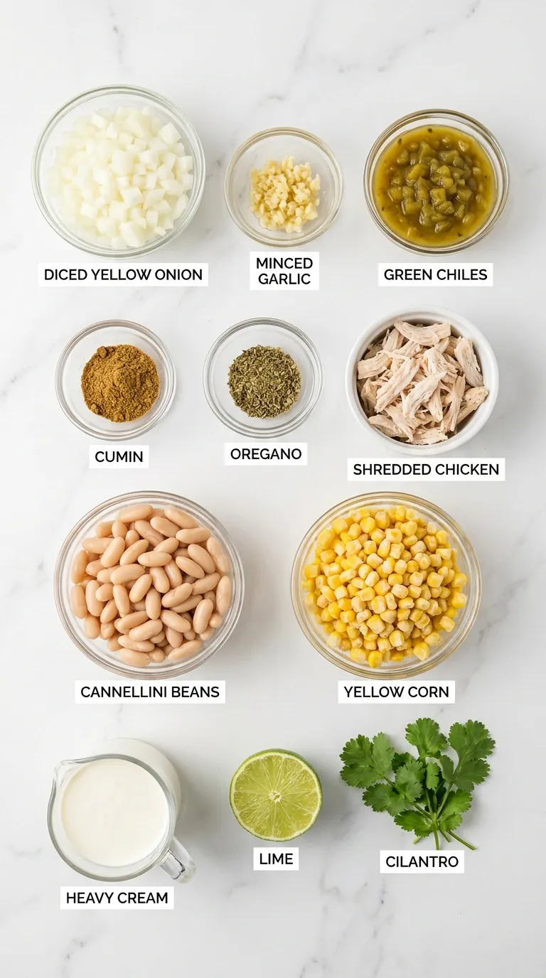 Flat-lay photography of White Chili Chicken Recipe ingredients organized in bowls on a white marble countertop.