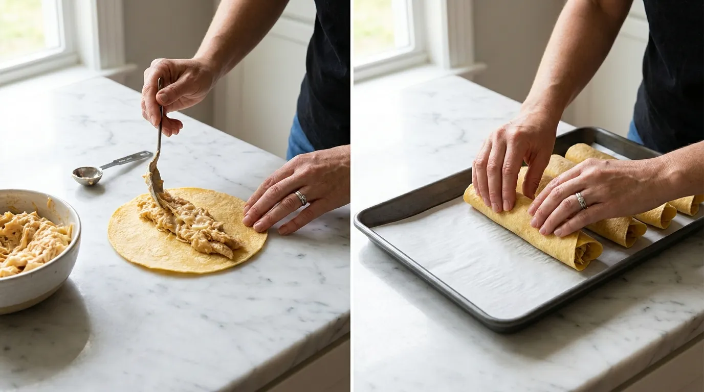 Step-by-step Baked Chicken Taquitos Recipe showing a tortilla being filled, rolled, and placed on a baking sheet.