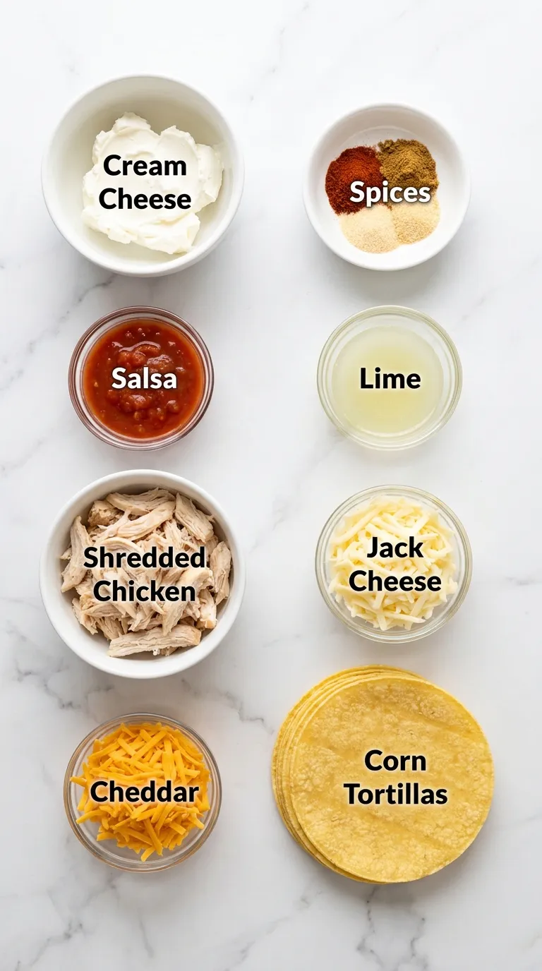 Labeled ingredients for a Baked Chicken Taquitos Recipe neatly arranged on a white marble countertop.