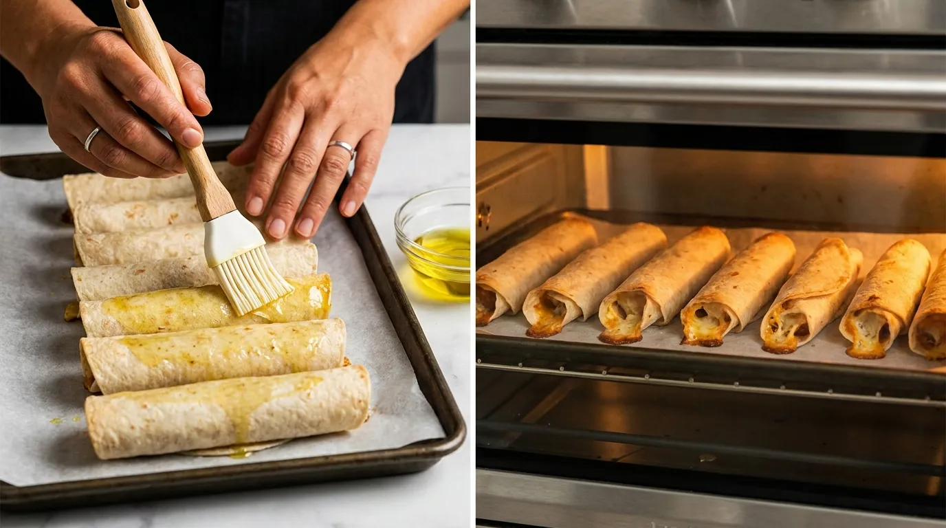 Steps for a Baked Chicken Taquitos Recipe: brushing rolled tortillas with oil and baking them until golden in the oven.