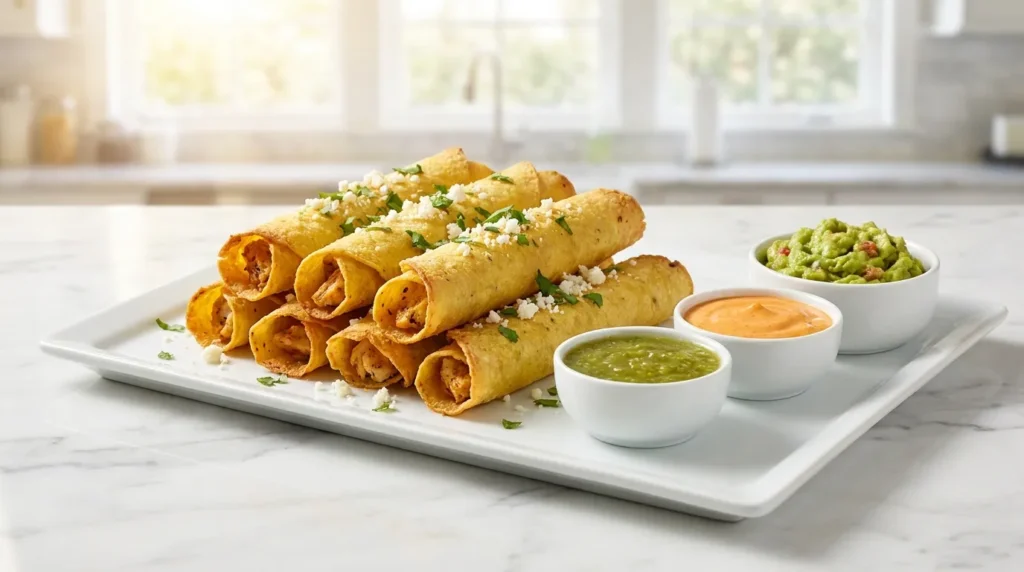 Crispy baked chicken taquitos recipe stacked on a white platter with salsa, guacamole, and chipotle crema.