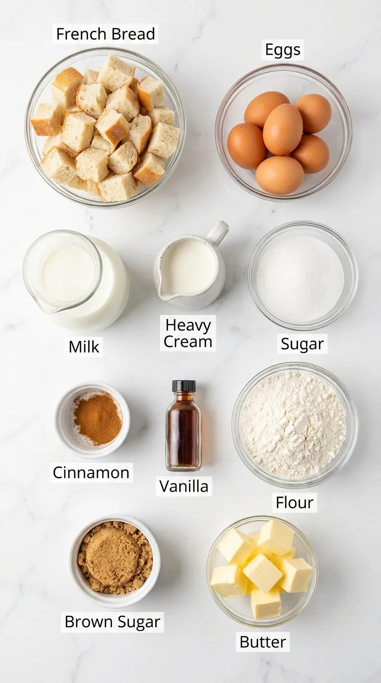 Flat-lay of ingredients for a Baked French Toast Casserole Recipe, neatly arranged in bowls on white marble.