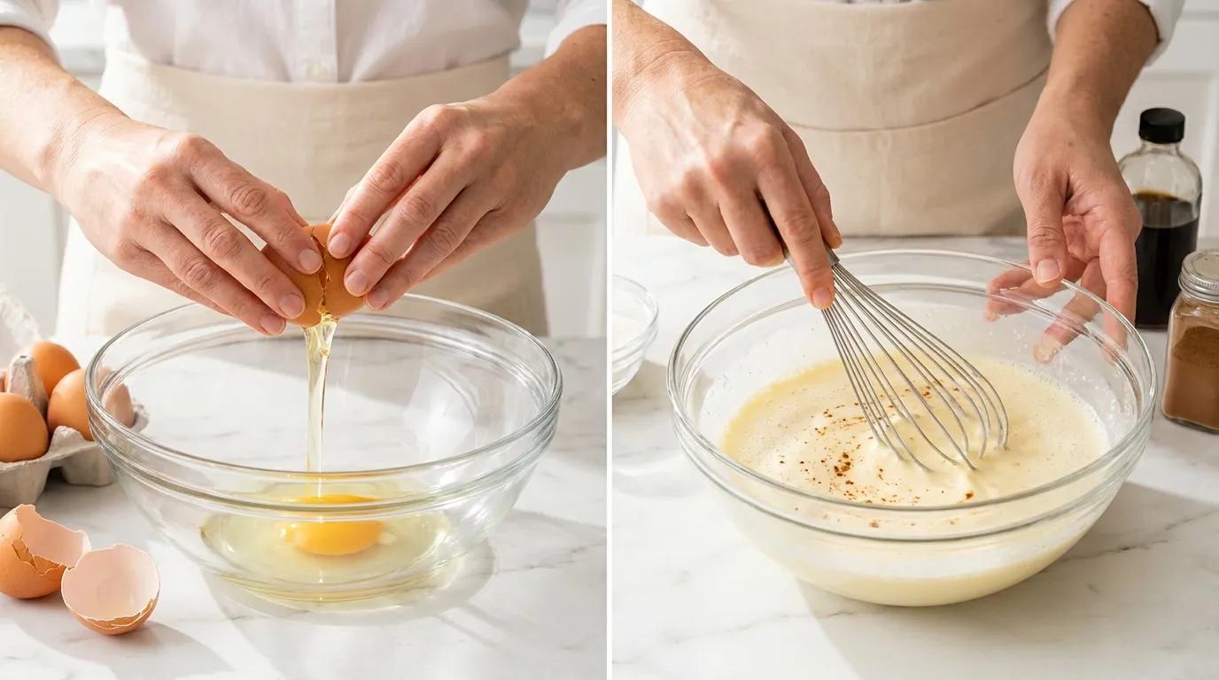 Preparing custard for a Baked French Toast Casserole Recipe by cracking eggs and whisking them with milk and cinnamon.