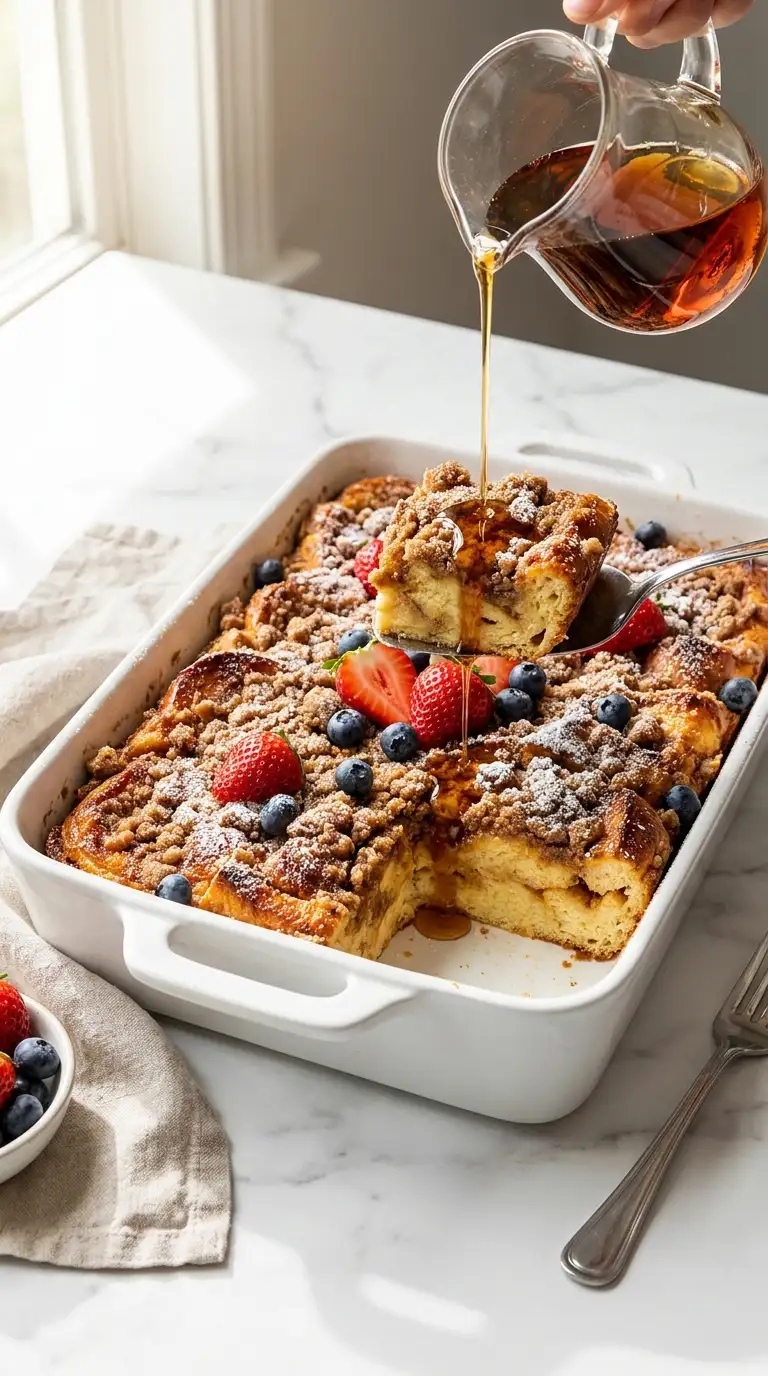 Baked French Toast Casserole Recipe topped with fresh berries, powdered sugar, and a drizzle of maple syrup.