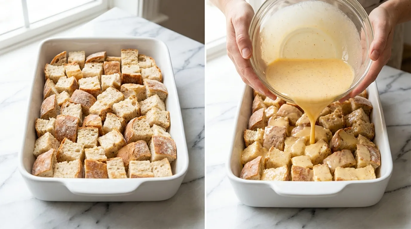 Preparing a Baked French Toast Casserole Recipe: pouring cinnamon egg custard over bread cubes in a baking dish.
