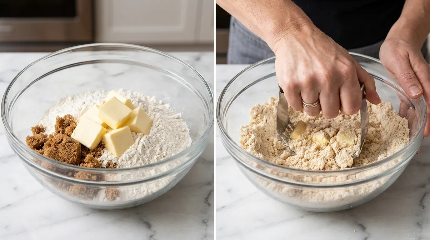 Making streusel topping for a Baked French Toast Casserole Recipe, cutting butter into flour and sugar.