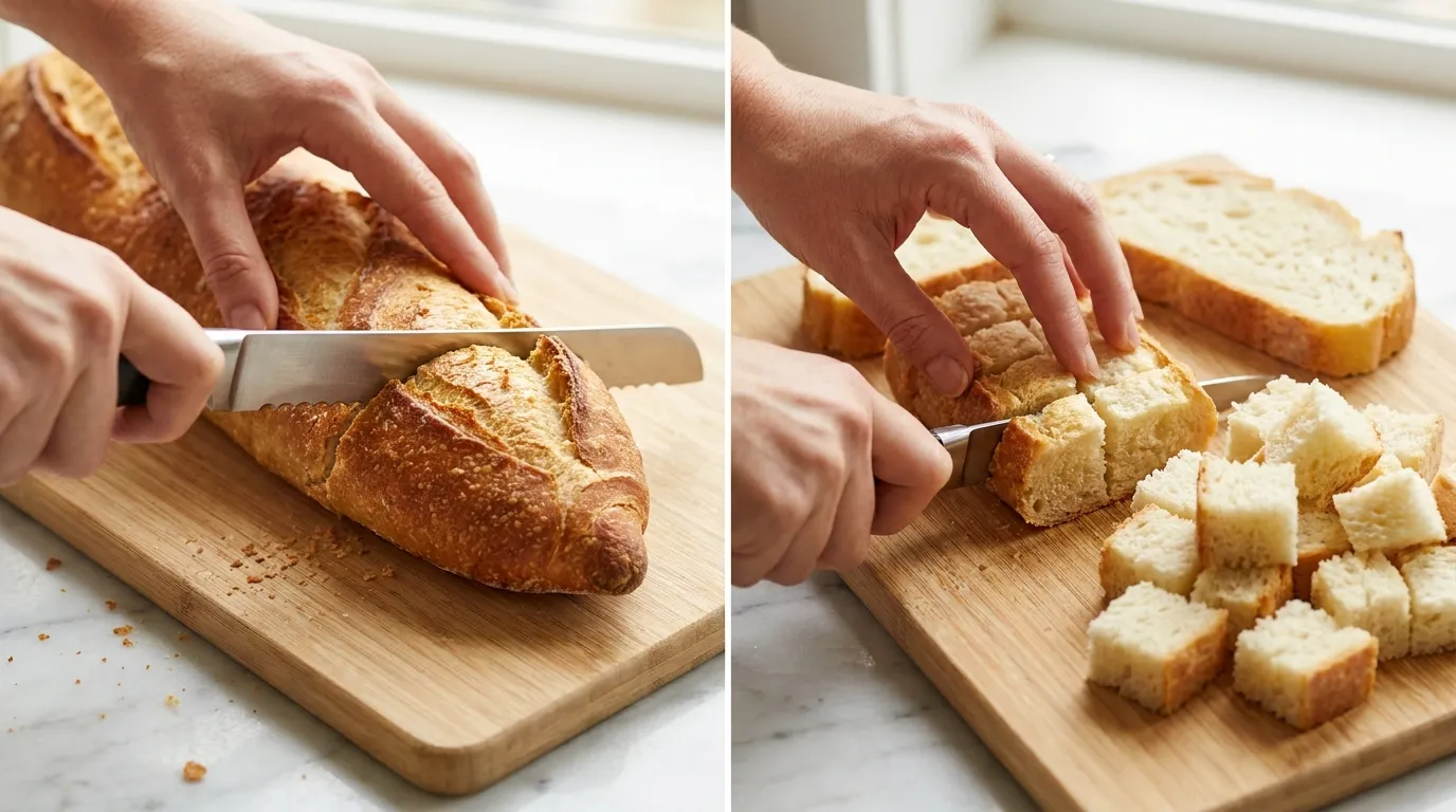 Slicing and cubing French bread on a wooden board to prepare a Baked French Toast Casserole Recipe.