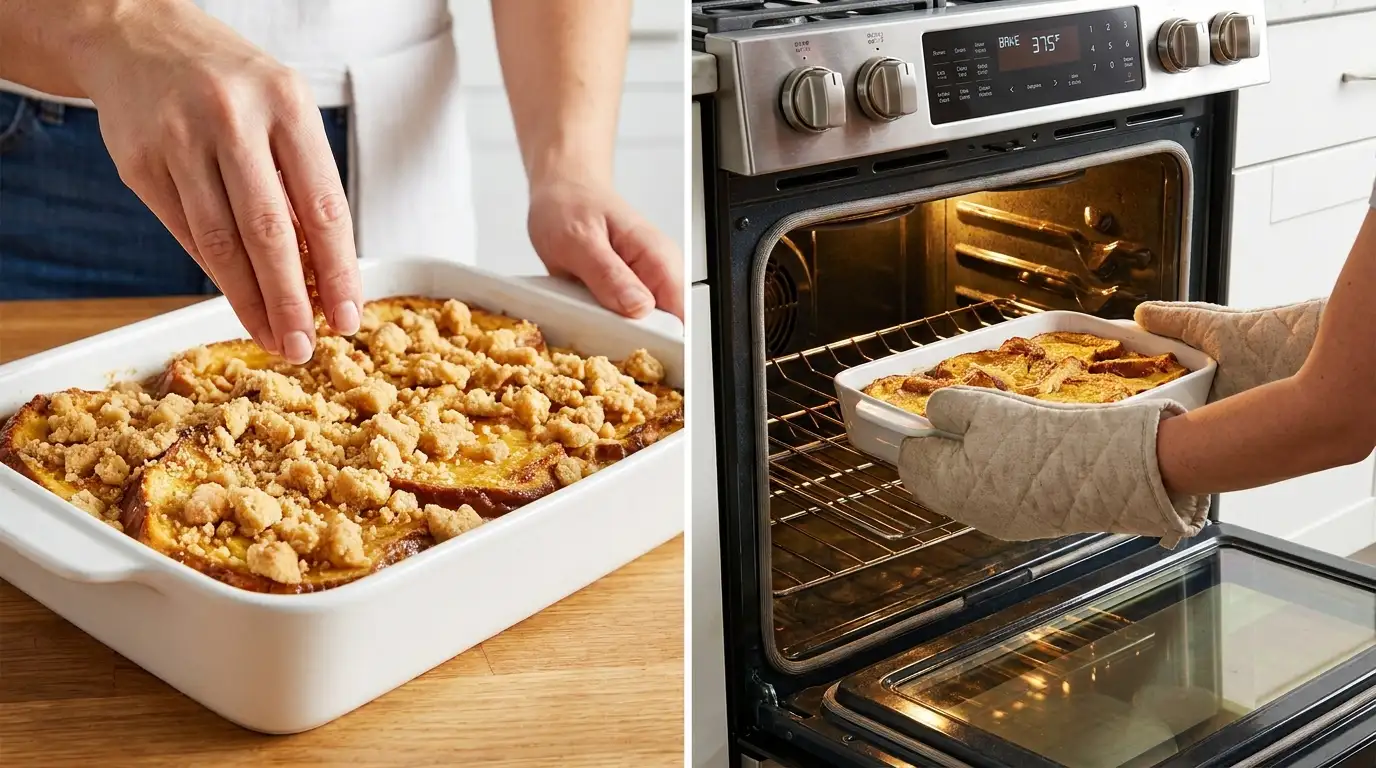 Steps for a baked French toast casserole recipe: adding streusel crumble and placing the dish in a warm oven.