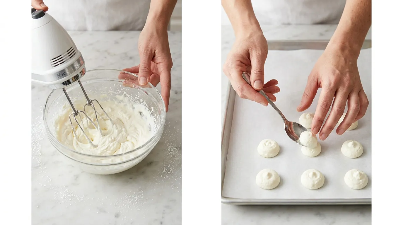 Making Chocolate Chip Cheesecake Cookies: beating cream cheese filling and scooping dollops onto a baking sheet.
