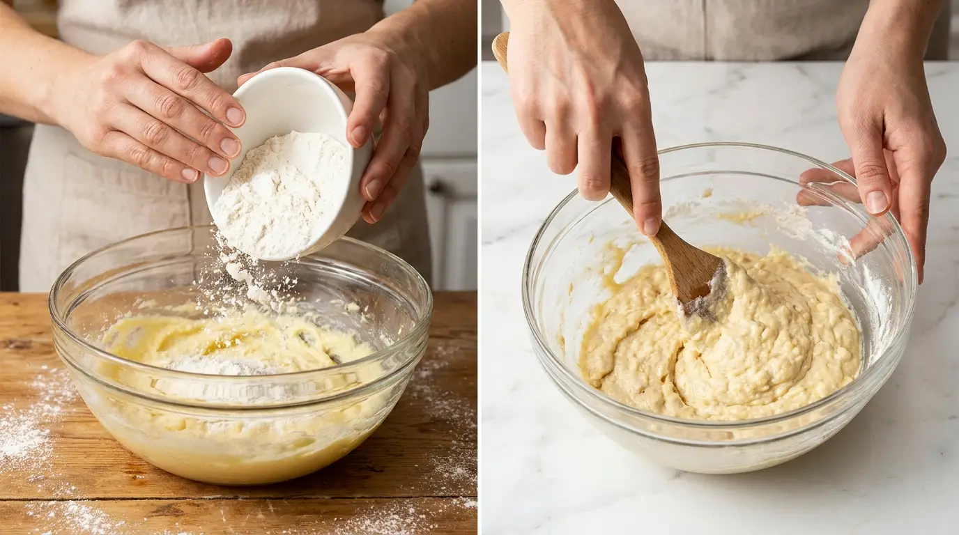 Making chocolate chip cheesecake cookies: pouring flour into a bowl and mixing cookie dough with a wooden spatula.