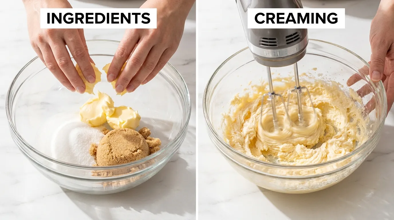Baking Chocolate Chip Cheesecake Cookies! Creaming butter and sugar in a glass bowl on a marble countertop.