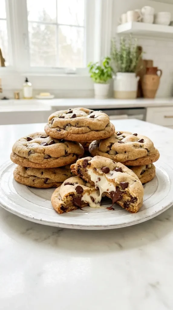 Stacked Chocolate Chip Cheesecake Cookies on a white plate, one broken to show a gooey cream cheese filling.