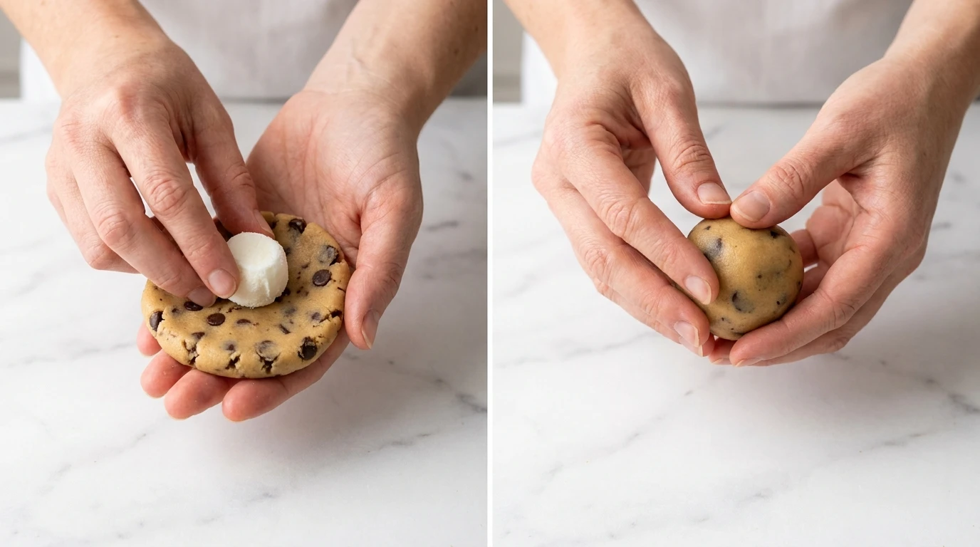 Preparing Chocolate Chip Cheesecake Cookies by wrapping cookie dough around a frozen cream cheese filling.