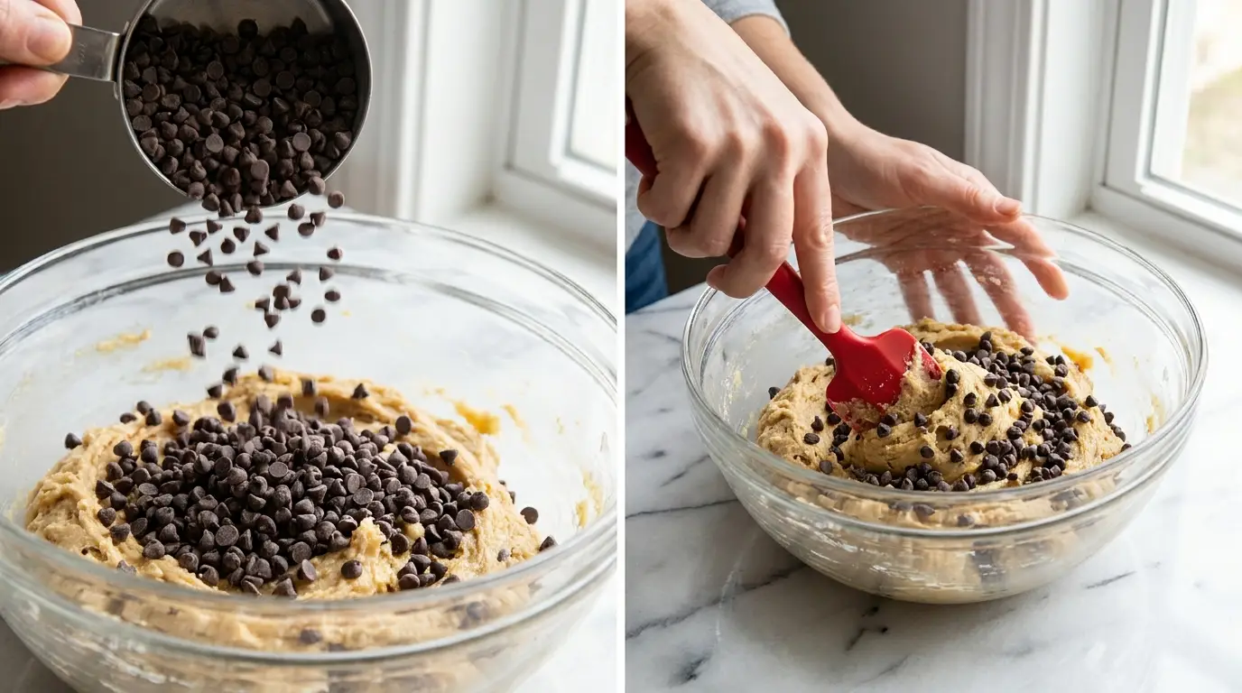 Making Chocolate Chip Cheesecake Cookies: pouring and folding mini chocolate chips into thick cookie dough.