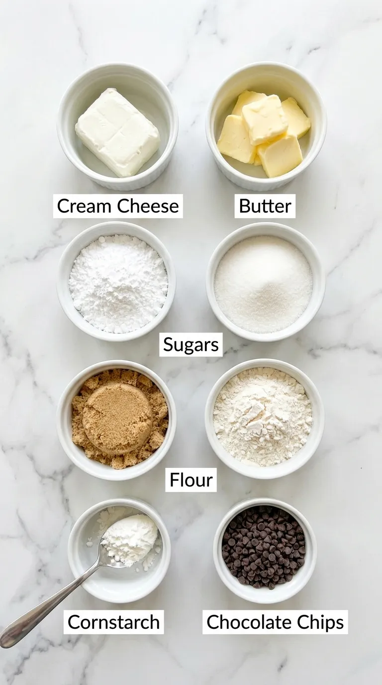 Ingredients for Chocolate Chip Cheesecake Cookies neatly arranged in white ramekins on a marble countertop.