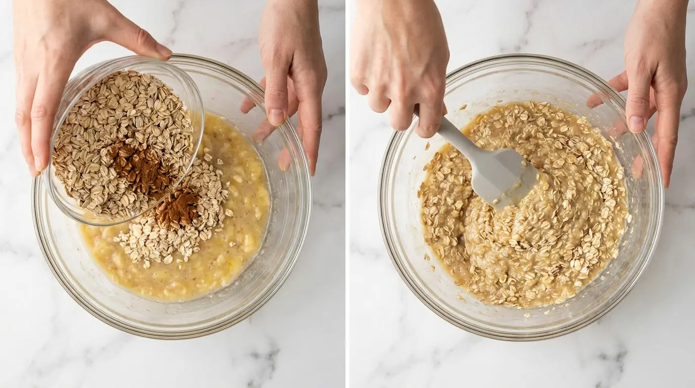 Pouring and folding oats into a banana mixture for a healthy banana oatmeal bars recipe.