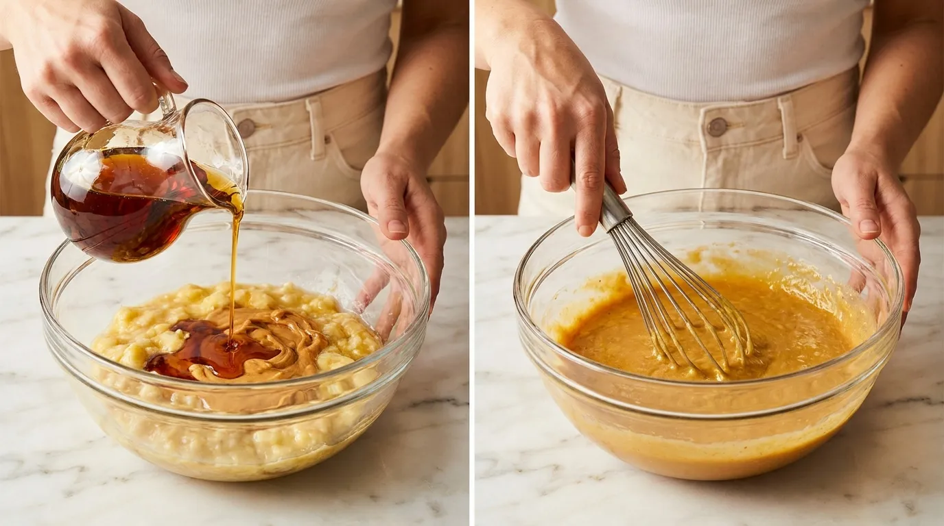 Steps for a healthy banana oatmeal bars recipe: pouring maple syrup and whisking peanut butter and mashed bananas.