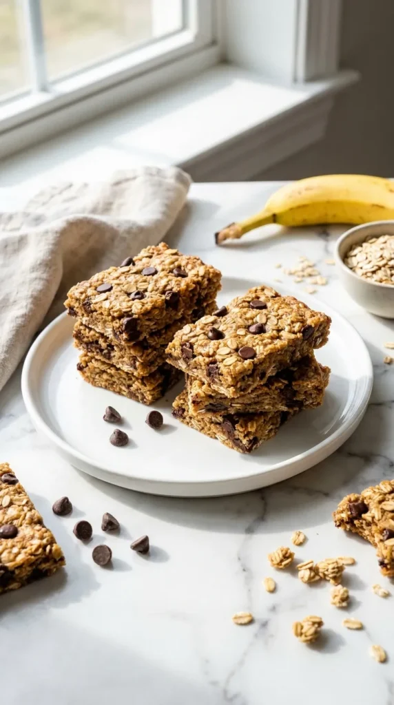 Healthy banana oatmeal bars recipe with chocolate chips, stacked on a white plate on a marble countertop.