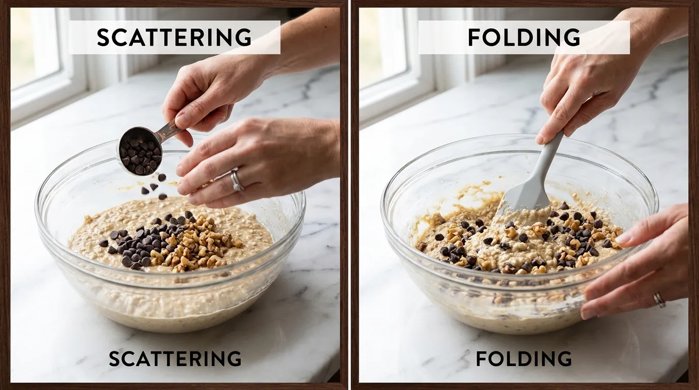 Adding chocolate chips and walnuts to a healthy banana oatmeal bars recipe batter in a glass bowl on marble.