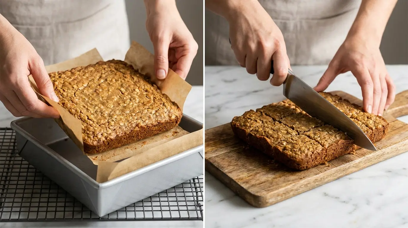 Two panels showing hands cooling and slicing a healthy banana oatmeal bars recipe on a wooden cutting board.