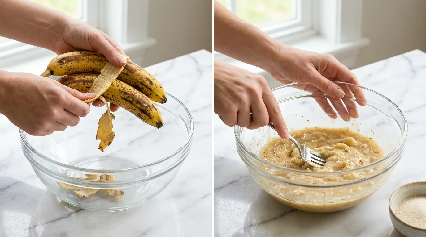 Peeling and mashing ripe bananas in a glass bowl, a prep step for this healthy banana oatmeal bars recipe.