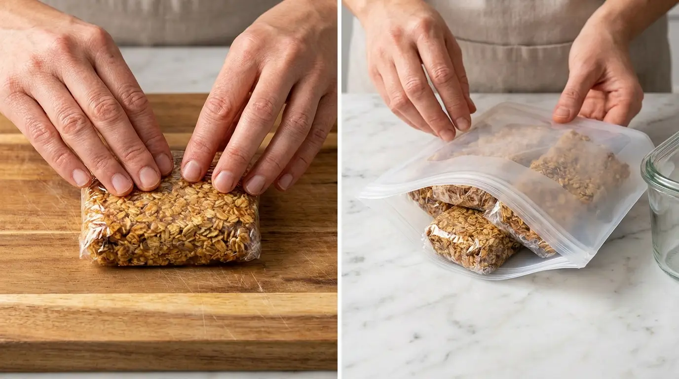Storing healthy banana oatmeal bars: wrapping individual bars and placing them in a freezer bag on marble.