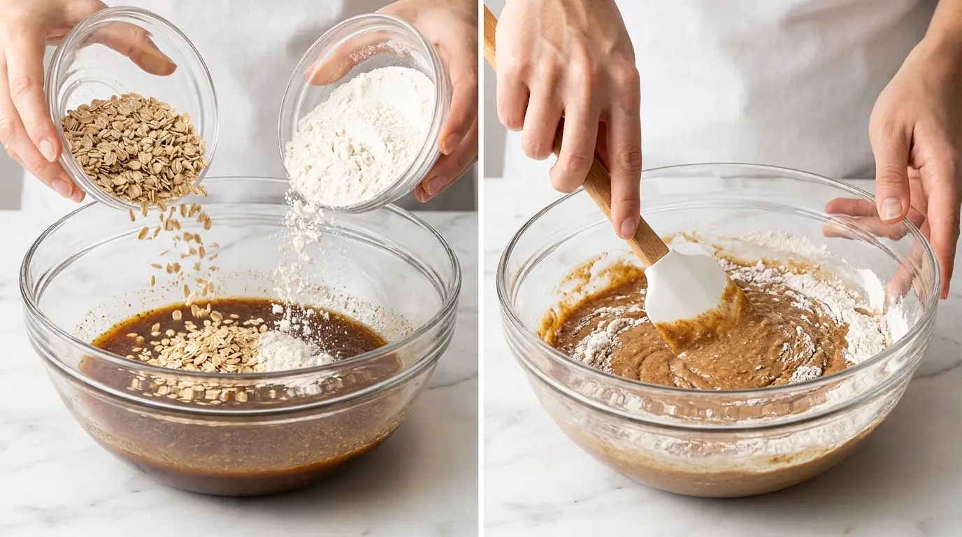 Making a One-Bowl Carrot Oatmeal Muffins Recipe by pouring oats and folding the batter in a glass bowl.