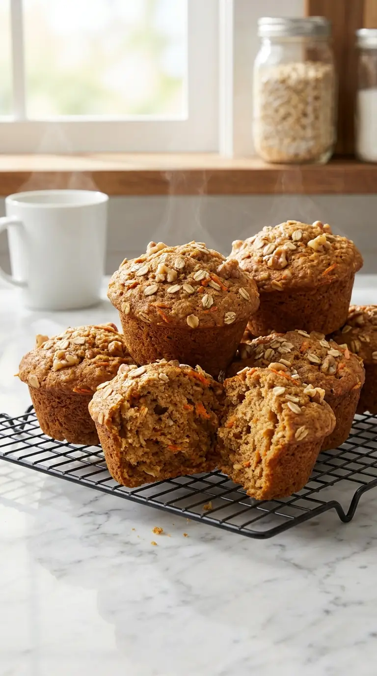 One-Bowl Carrot Oatmeal Muffins Recipe on a wire rack over a marble counter, with one muffin split open.